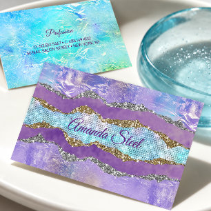 Stylish mermaid glittery Purple turquoise monogram Business Card