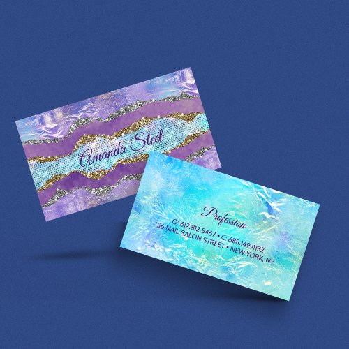 Stylish mermaid glittery Purple turquoise monogram Business Card
