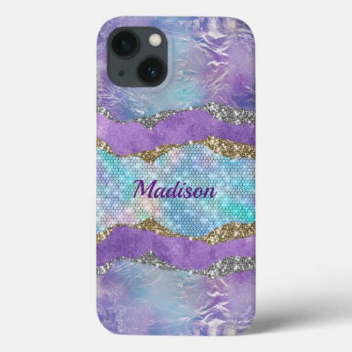 Stylish mermaid glittery Purple turquoise monogram iPhone 13 Case