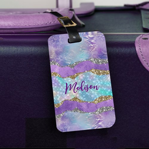 Stylish mermaid glittery Purple turquoise monogram Luggage Tag