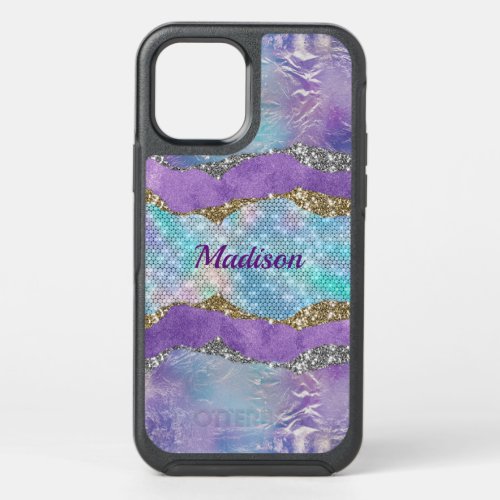 Stylish mermaid glittery Purple turquoise monogram OtterBox Symmetry iPhone 12 Pro Case