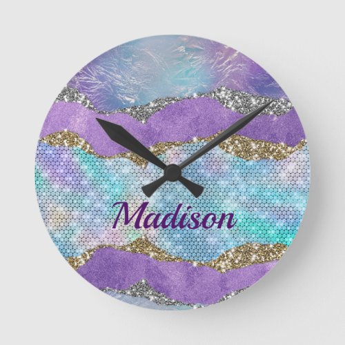 Stylish mermaid glittery Purple turquoise monogram Round Clock