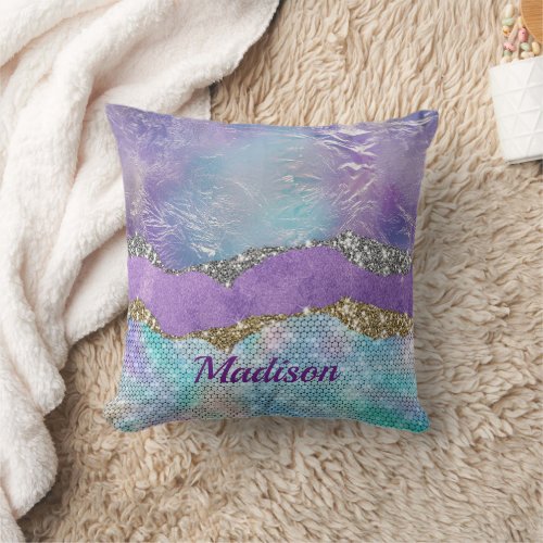 Stylish mermaid glittery Purple turquoise monogram Throw Pillow