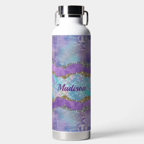 Stylish mermaid glittery Purple turquoise monogram Water Bottle
