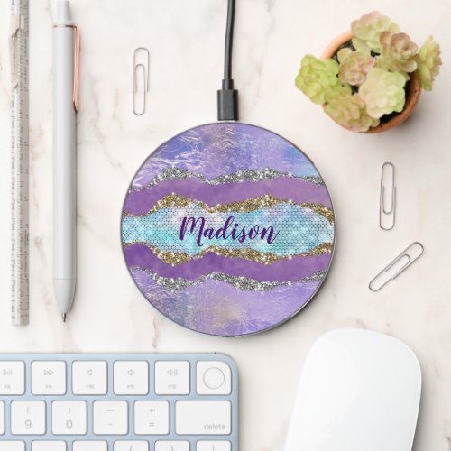 Stylish mermaid glittery Purple turquoise monogram Wireless Charger