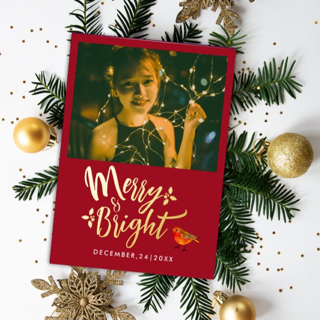 Stylish Merry And Bright Red Christmas Robin Photo Foil Holiday Card (Creator Uploaded)