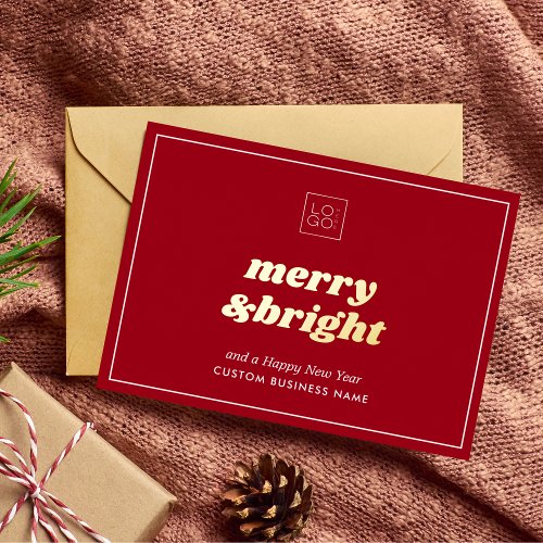 Stylish Merry  Bright Red Custom Business Logo    Foil Holiday Card