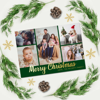 Stylish Merry Christmas 5 Photo Collage Real Foil Holiday Card