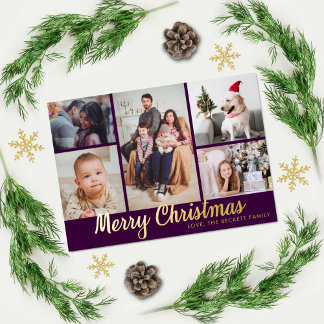 Stylish Merry Christmas 5 Photo Collage Real Foil Holiday Card