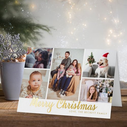 Stylish Merry Christmas 5 Photo Collage Real Foil Holiday Card