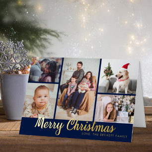 Stylish Merry Christmas 5 Photo Collage Real Foil Holiday Card