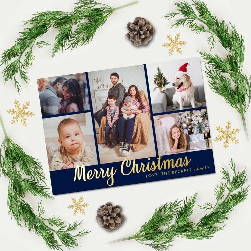 Stylish Merry Christmas 5 Photo Collage Real Foil Holiday Card