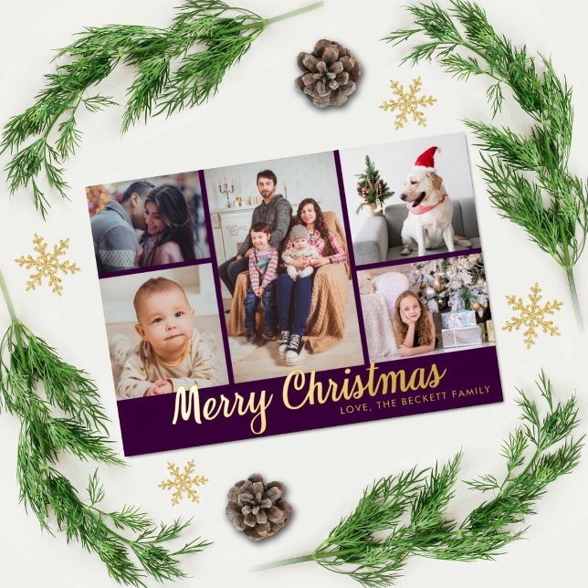 Stylish Merry Christmas 5 Photo Collage Real Foil Holiday Card (Creator Uploaded)