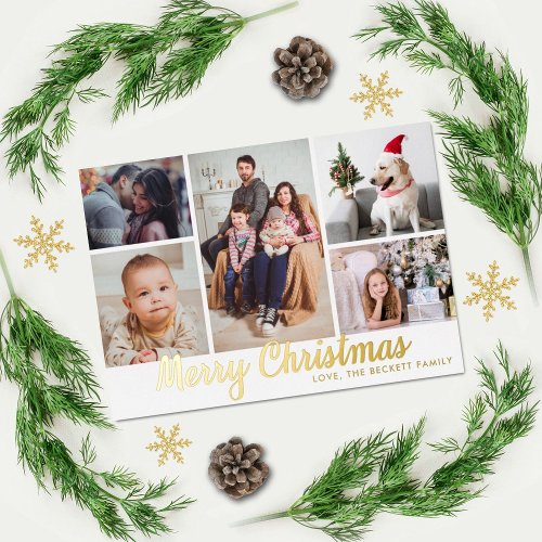 Stylish Merry Christmas 5 Photo Collage Real Foil Holiday Postcard