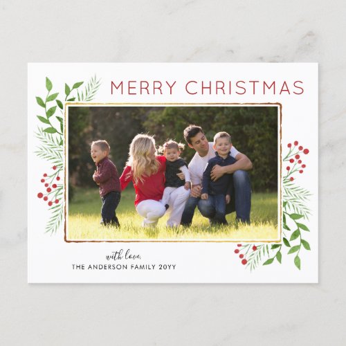 Stylish Merry Christmas Leaves Foliage Berry Photo Holiday Postcard