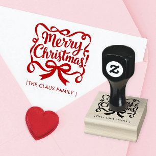 Stylish Merry Christmas Ribbon Calligraphy Script Rubber Stamp