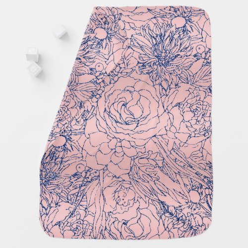 Stylish Metallic Navy Blue and Pink Floral Design Baby Blanket