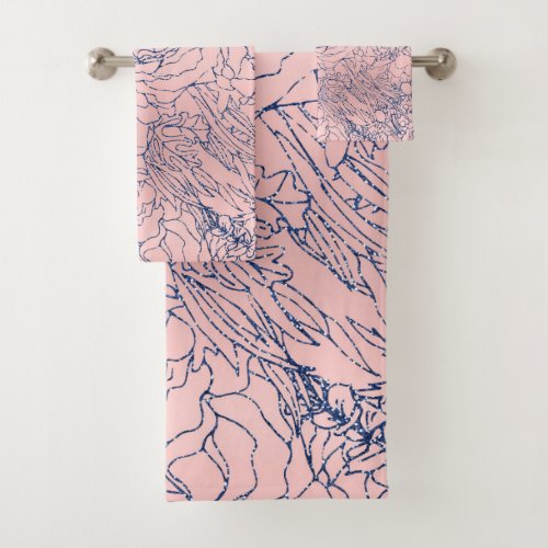 Stylish Metallic Navy Blue and Pink Floral Design Bath Towel Set