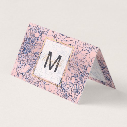 Stylish Metallic Navy Blue and Pink Floral Design Business Card