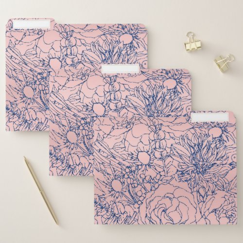 Stylish Metallic Navy Blue and Pink Floral Design File Folder