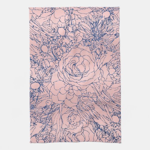 Stylish Metallic Navy Blue and Pink Floral Design Kitchen Towel