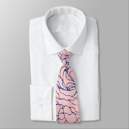 Stylish Metallic Navy Blue and Pink Floral Design Neck Tie