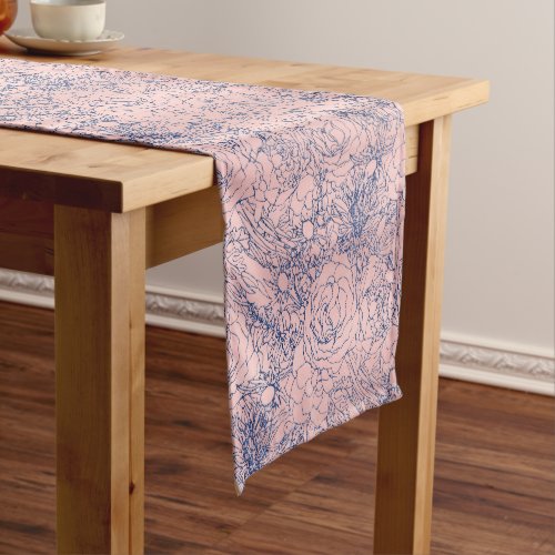 Stylish Metallic Navy Blue and Pink Floral Design Short Table Runner