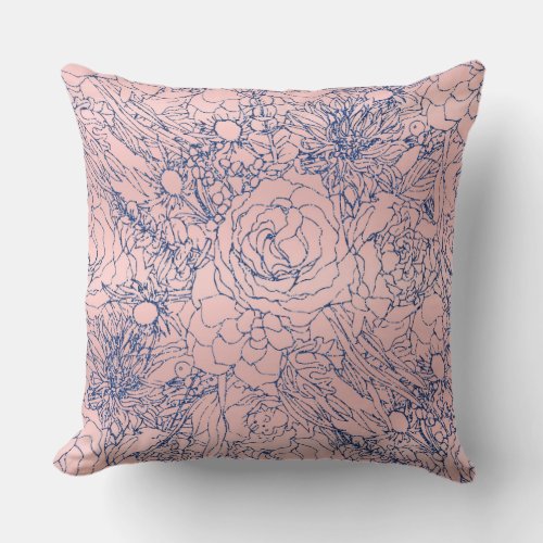 Stylish Metallic Navy Blue and Pink Floral Design Throw Pillow