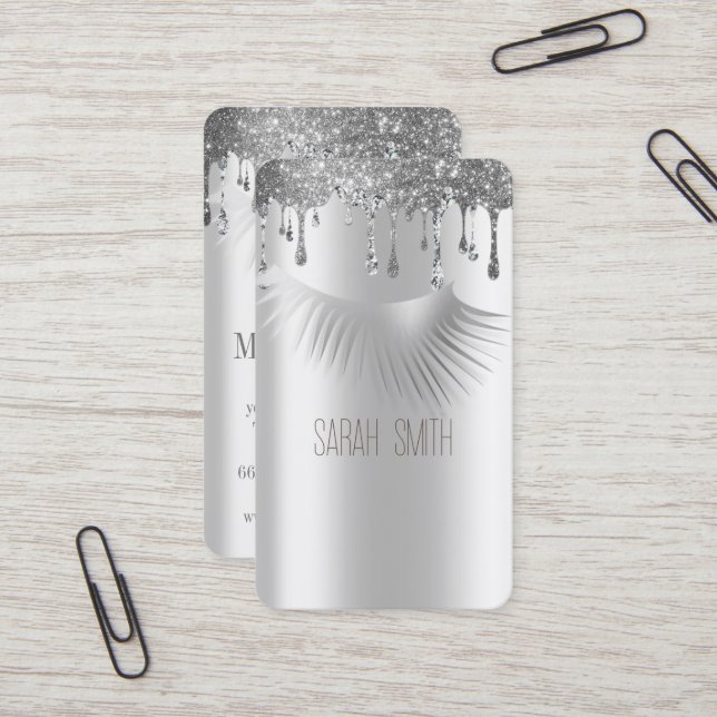 Stylish  Metallic Silver Glitter Drips Eyelashes Business Card (Front/Back In Situ)