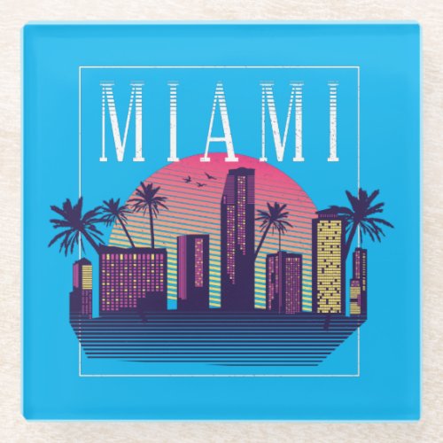 Stylish Miami Florida Retro City Logo Glass Coaster