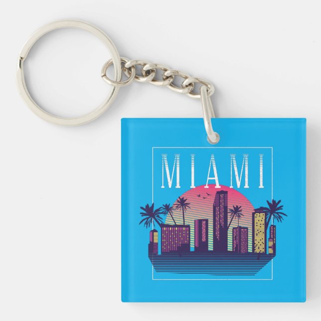 Stylish Miami Florida Retro City Logo Keychain (Front)