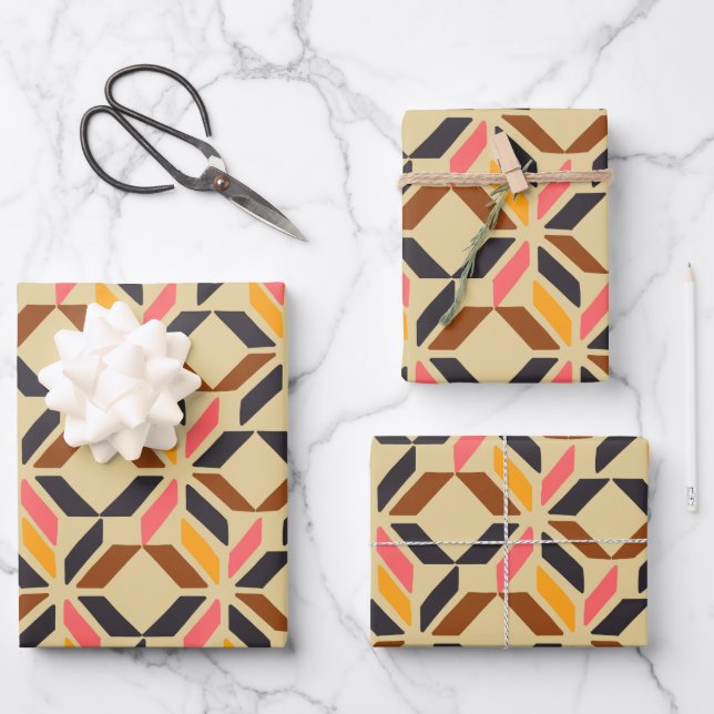 Stylish Mid Century Mod Geometric Shapes in Brown Wrapping Paper Sheets (Front)