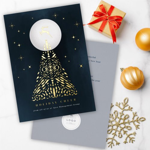 Stylish Midnight Reindeer And Geometric Lines Tree Foil Holiday Card