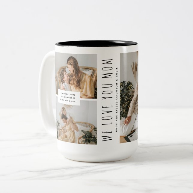Stylish Minimal 3 Picture Mom Keepsake Two-Tone Coffee Mug (Front Left)