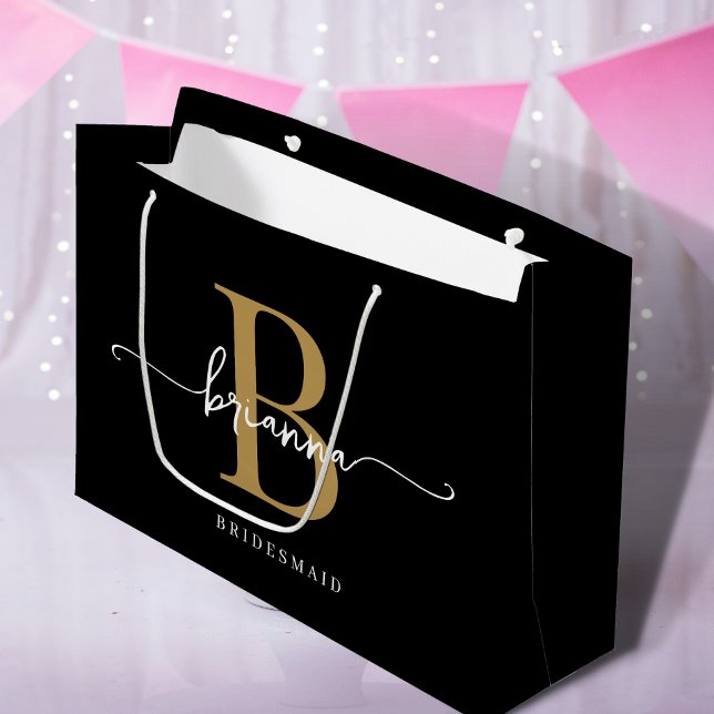 Stylish Minimal Black Gold Monogram Girly Script Large Gift Bag (Creator Uploaded)