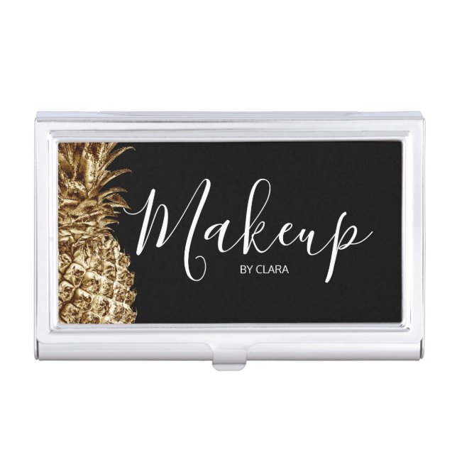 Stylish minimal black & gold pineapple makeup business card case (Front)