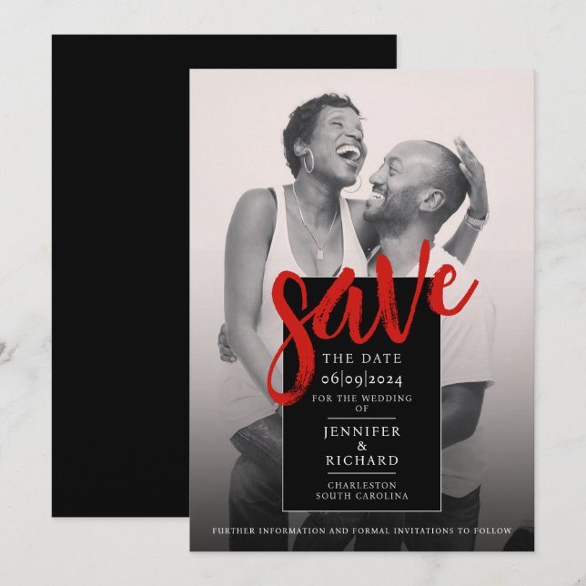 Stylish Minimal Chic Red And Black Photo Wedding Save The Date (Front/Back)