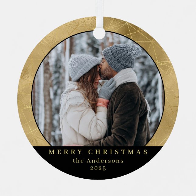 Stylish Minimal Faux Gold Christmas Couple Photo Metal Ornament (Front)