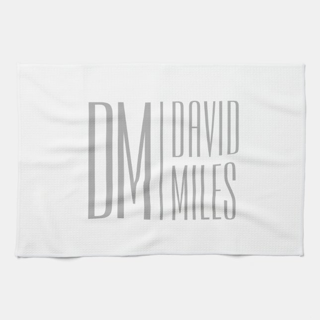 Stylish Minimal & Modern Grey Initials & Name Logo Kitchen Towel (Horizontal)