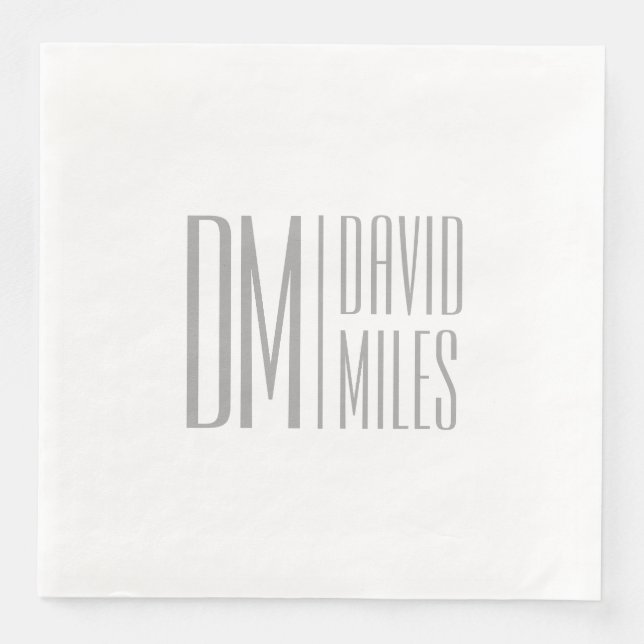 Stylish Minimal & Modern Grey Initials & Name Logo Paper Dinner Napkins (Front)