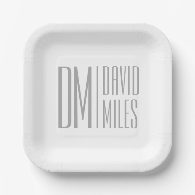Stylish Minimal & Modern Grey Initials & Name Logo Paper Plates (Front)