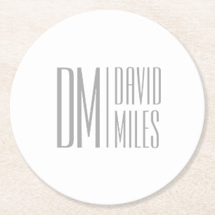 Stylish Minimal & Modern Grey Initials & Name Logo Round Paper Coaster