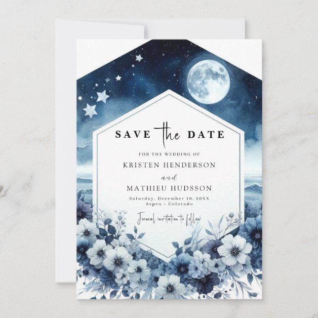 Stylish Minimal Moonlit Wedding Save The Date (Front)