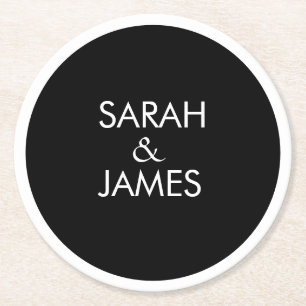 STYLISH MINIMAL PERSONALIZED NAME BLACK WEDDING ROUND PAPER COASTER