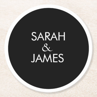 STYLISH MINIMAL PERSONALIZED NAME BLACK WEDDING ROUND PAPER COASTER