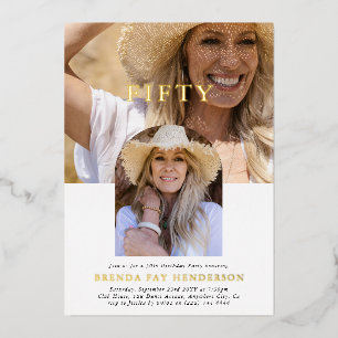 Stylish Minimal Photo FIFTY 50th Birthday Foil Invitation