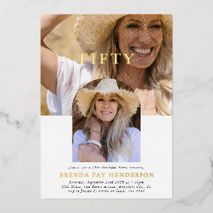 Stylish Minimal Photo FIFTY 50th Birthday Foil Invitation
