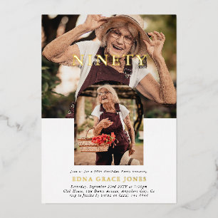 Stylish Minimal Photo NINETY 90th Birthday Foil Invitation