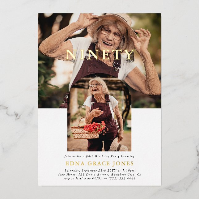 Stylish Minimal Photo NINETY 90th Birthday Foil Invitation (Front)