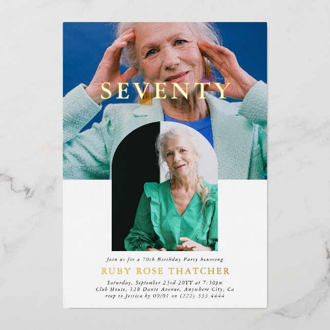 Stylish Minimal Photo SEVENTY 70th Birthday Foil Invitation (Front)